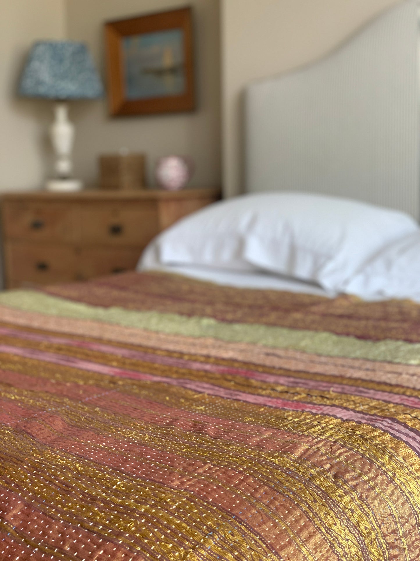 Vintage silk and cotton kantha quilt