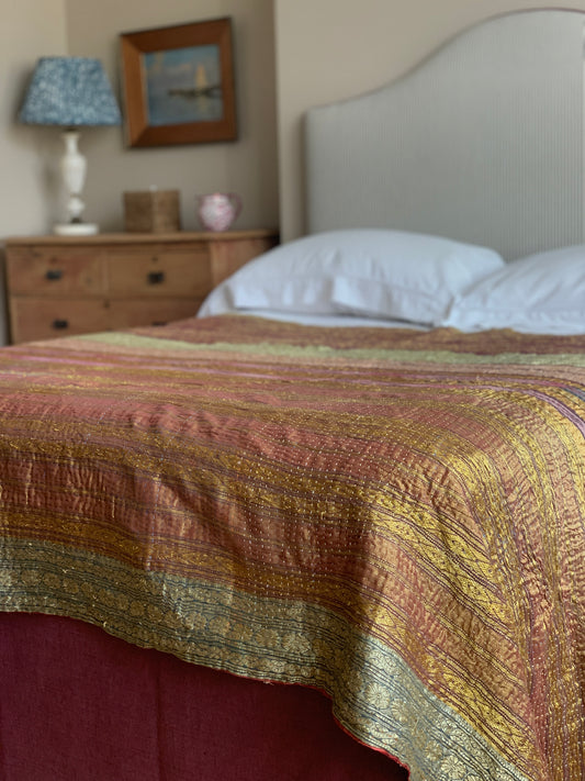 Vintage silk and cotton kantha quilt