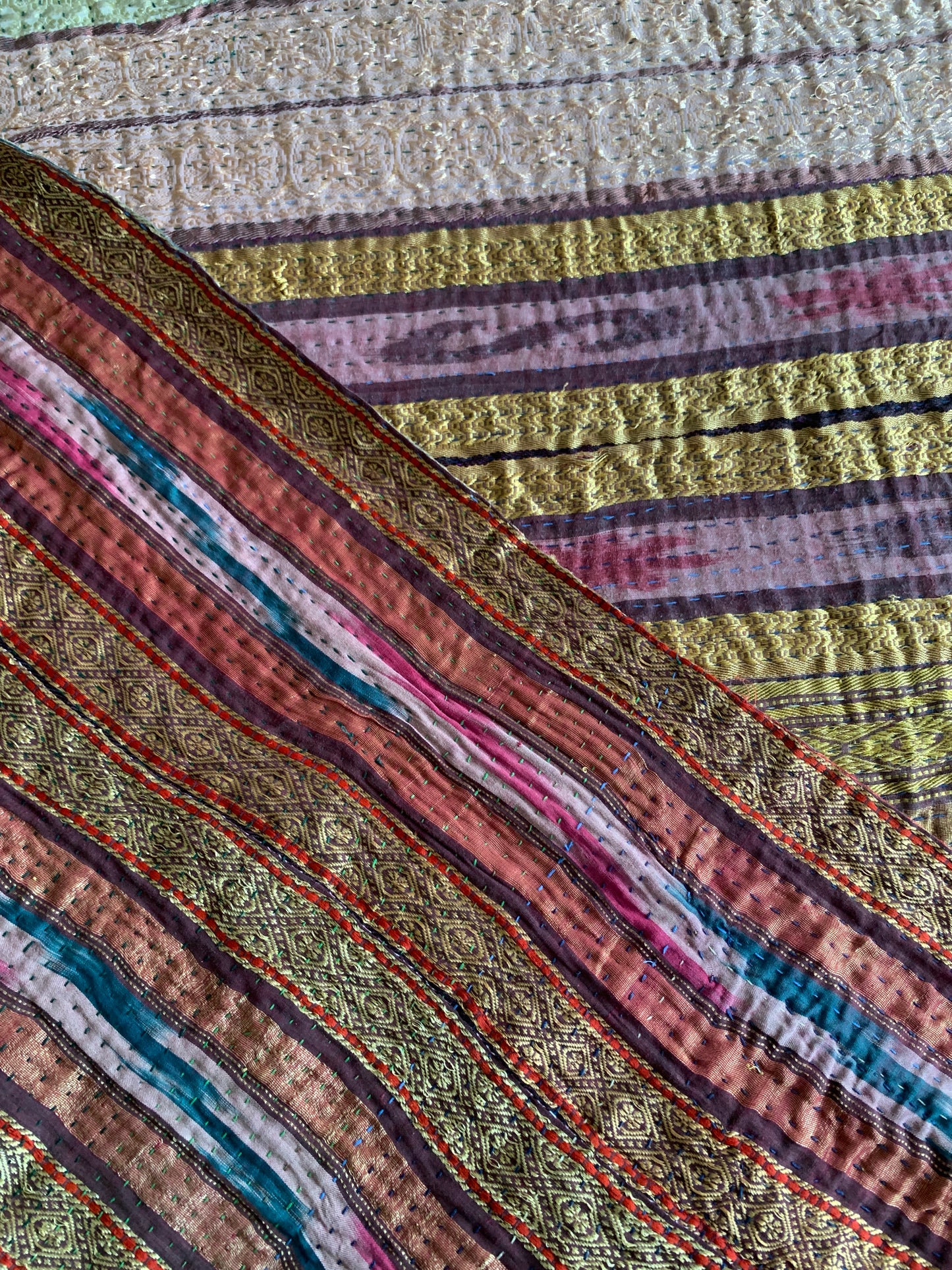 Vintage silk and cotton kantha quilt