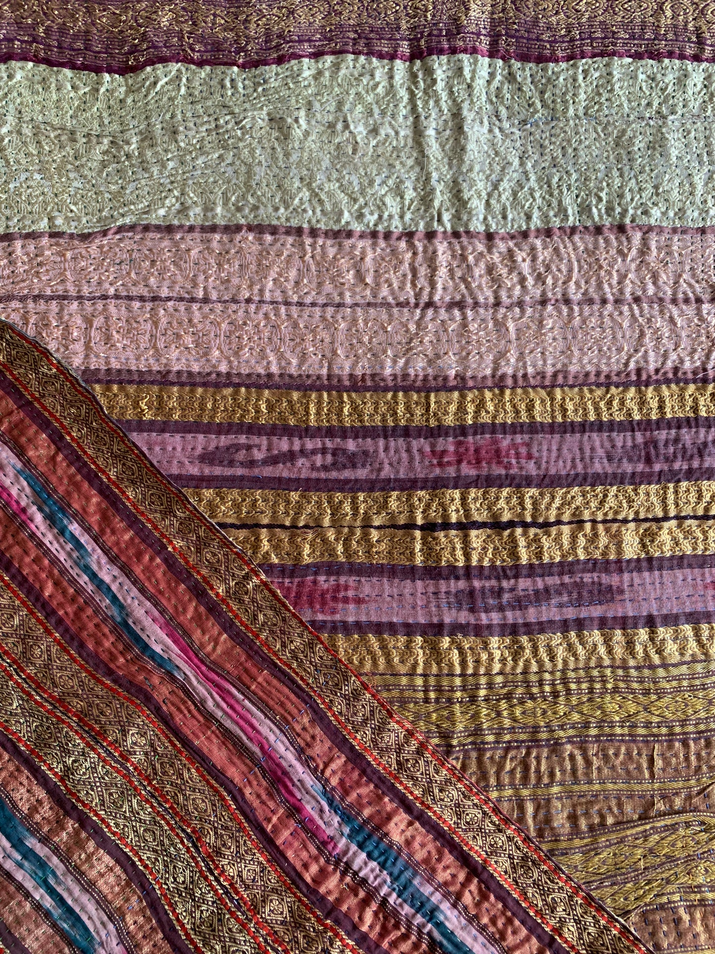 Vintage silk and cotton kantha quilt