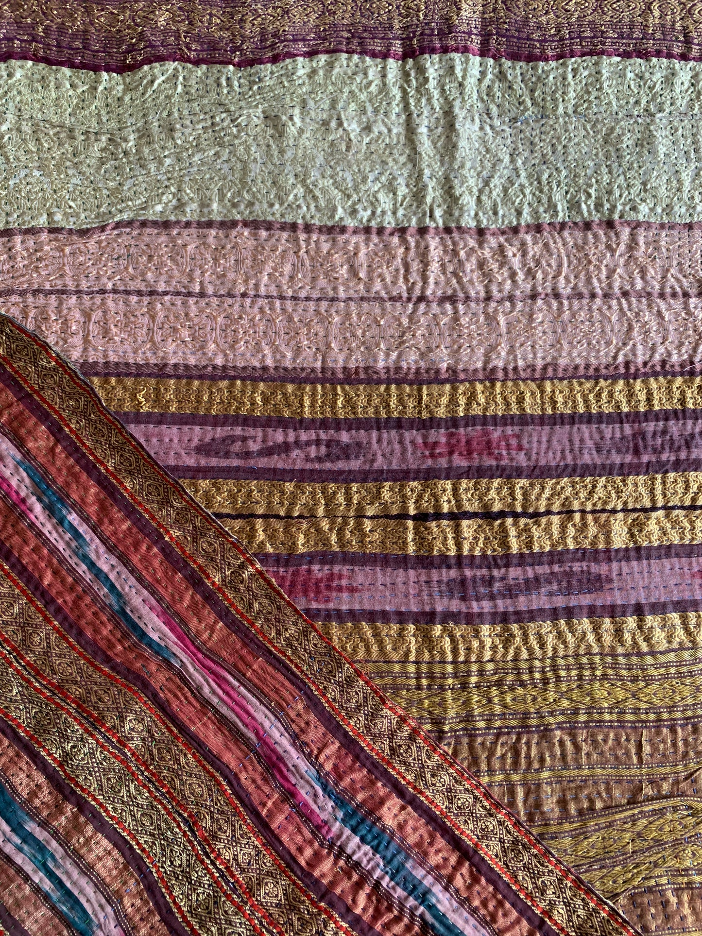 Vintage silk and cotton kantha quilt