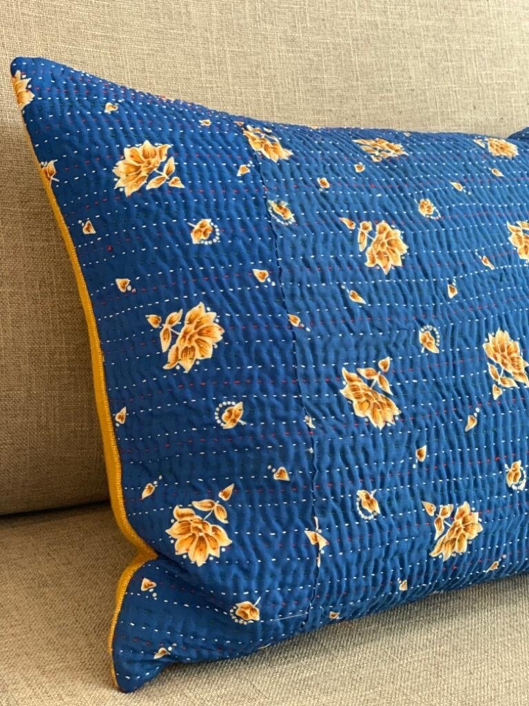 Blue and yellow floral kantha cushion
