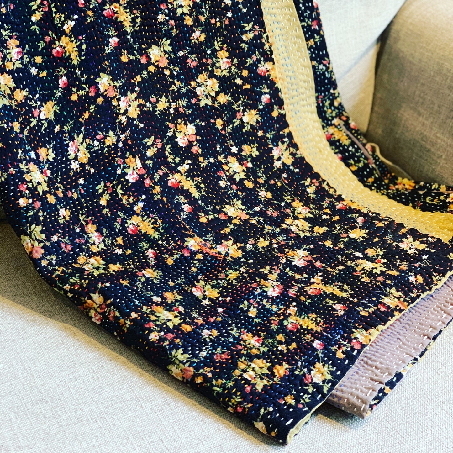 Navy floral kantha quilt