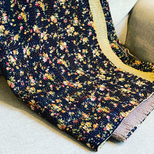 Navy floral kantha quilt